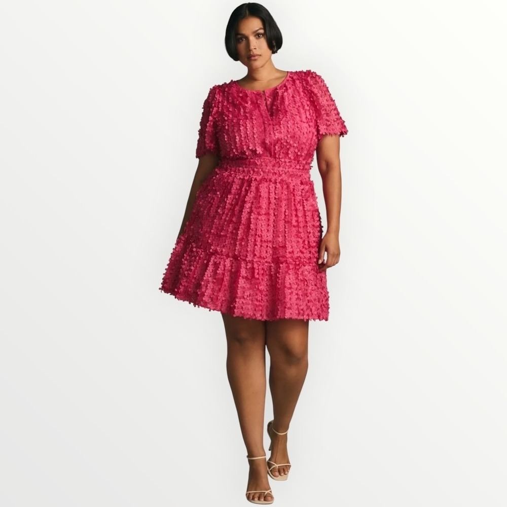 Anthropologie Somerset Mini Dress Floral Appliqué Pink Textured XL